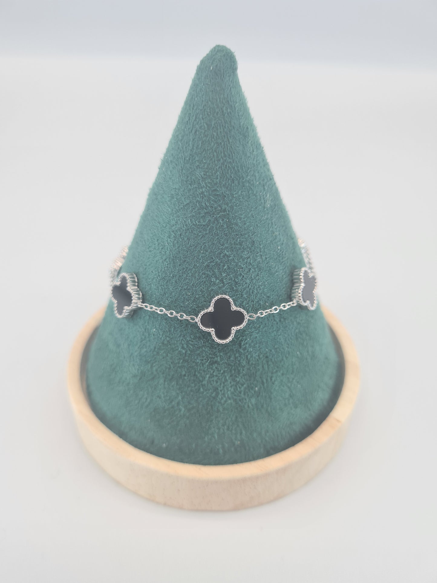 Bracelet, Clover, Onyx, Stirling Silver (Gold and Silver), 3 Sizes