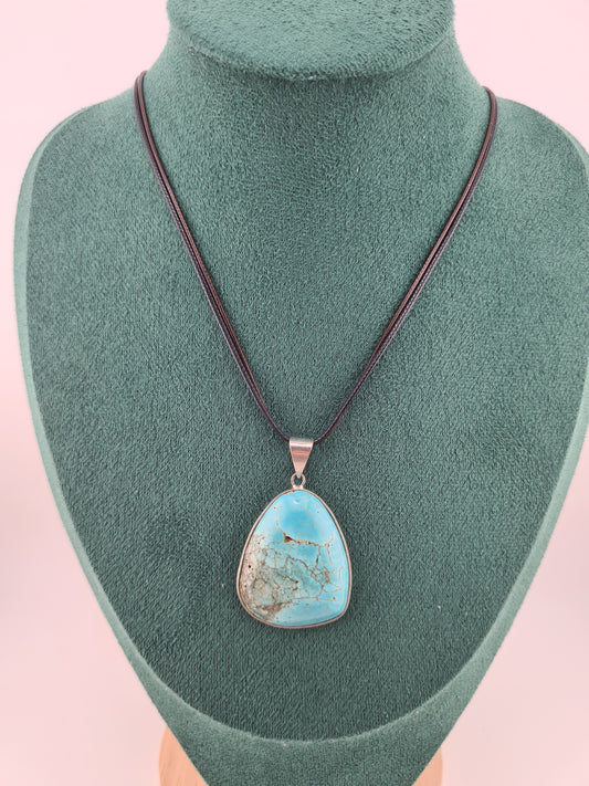 Turquoise Pendant, Black Leather, Necklace