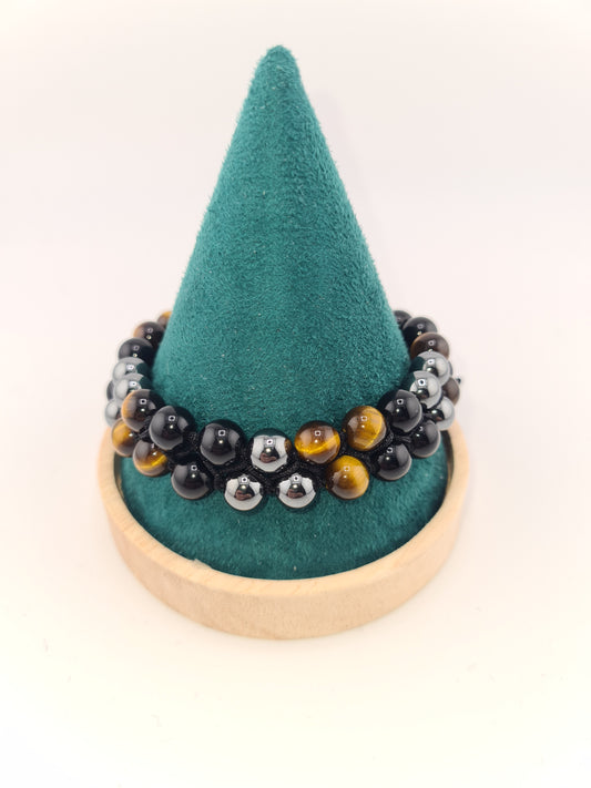 Bracelet, Natural Obsidian, Tiger Eye and Hematite Braided Bead (Adjustable)