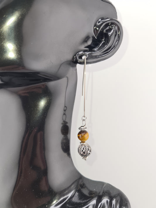 Earring, Natural Tiger Eye, Dangle, 304 Stainless