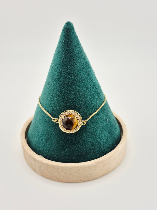 Bracelet, Slider, Faceted Tiger Eye and Cubic Zirconia setting, Golden
