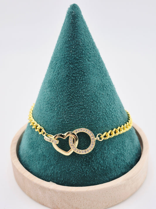 Bracelet, Brass with Golden Plate, Stainless Steel Heart and Ring Charm with Cubic Zirconia