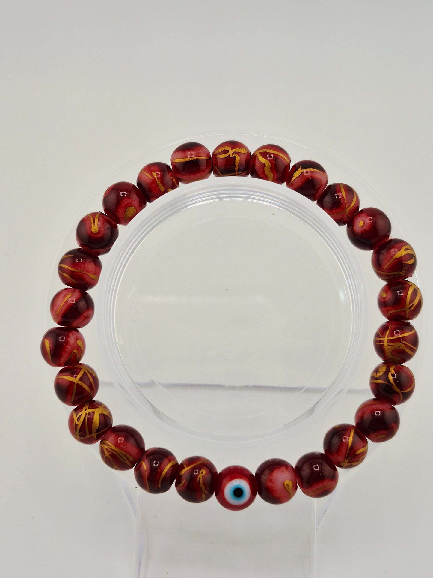 Bracelet, Elastic Evil Eye and Baked Glass (Dark Red/Black/Midnight Blue)