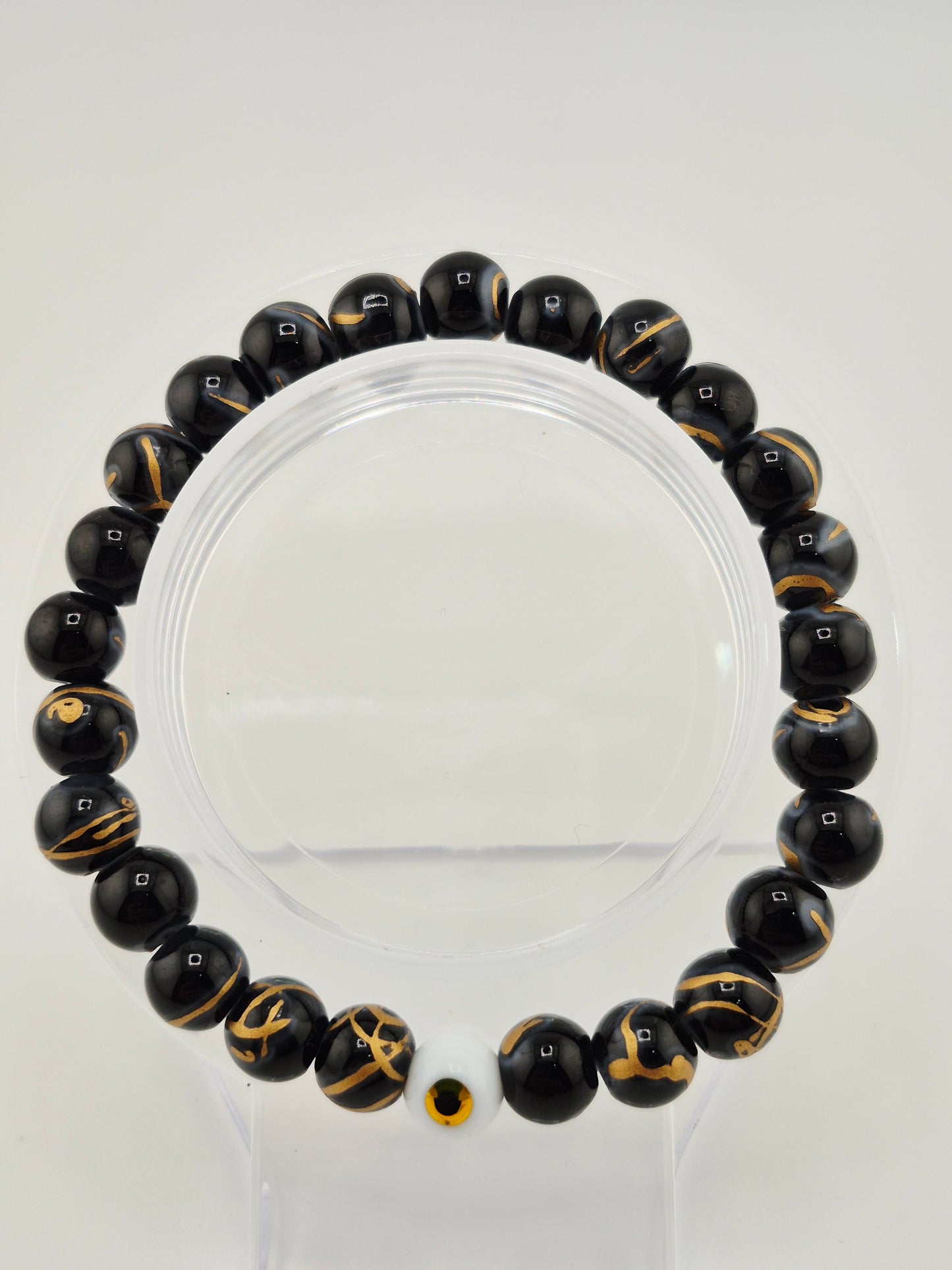 Bracelet, Elastic Evil Eye and Baked Glass (Dark Red/Black/Midnight Blue)