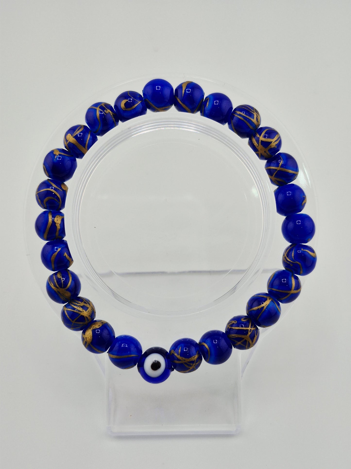 Bracelet, Elastic Evil Eye and Baked Glass (Dark Red/Black/Midnight Blue)