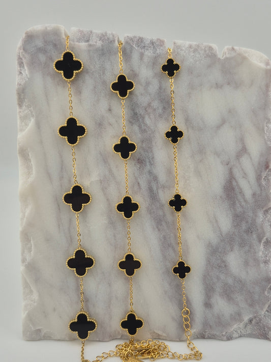 Bracelet, Clover, Onyx, Stirling Silver (Gold and Silver), 3 Sizes