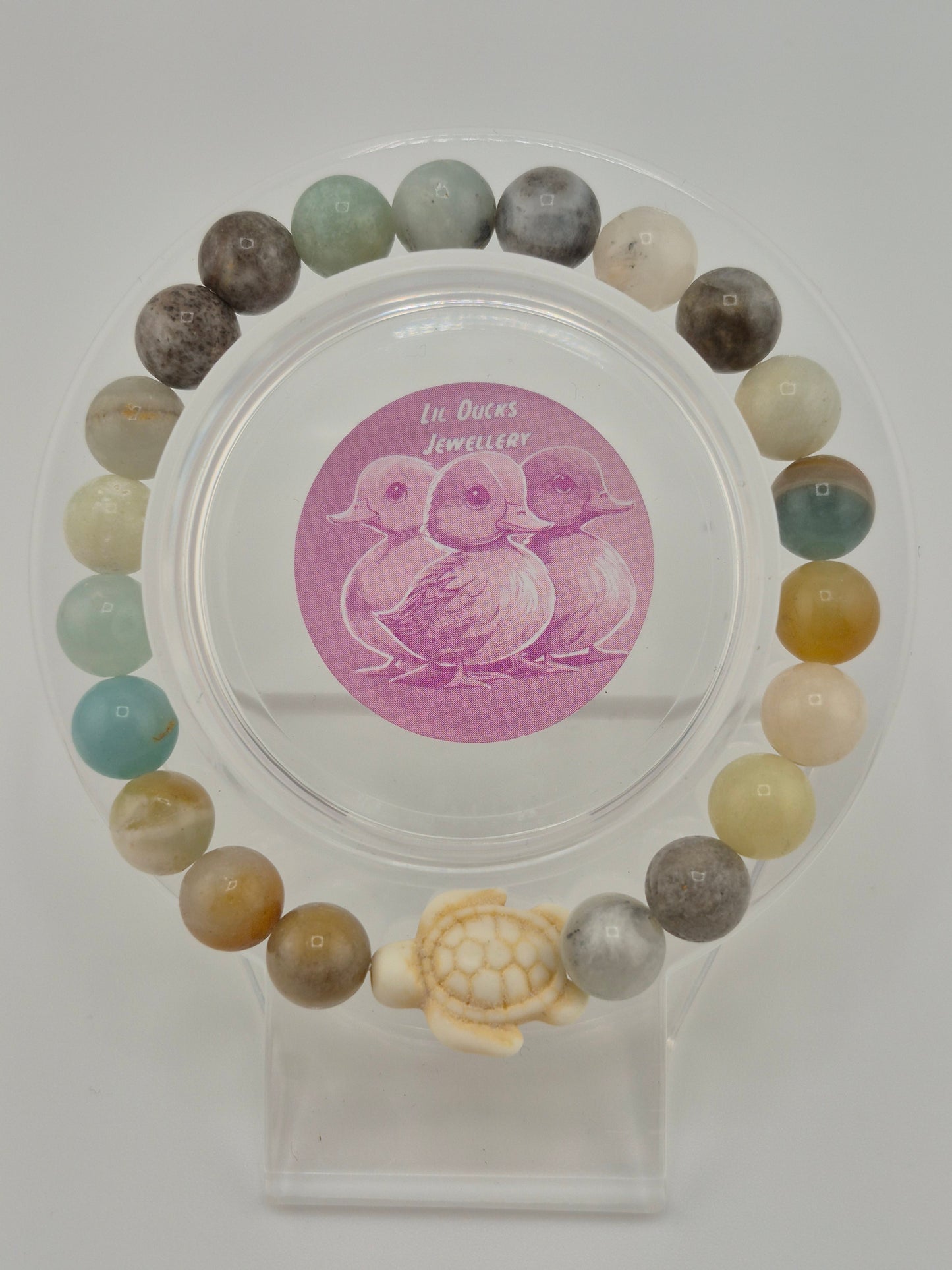 Bracelet, natural Amazonite and Synthetic Turquoise Turtle, Stretch