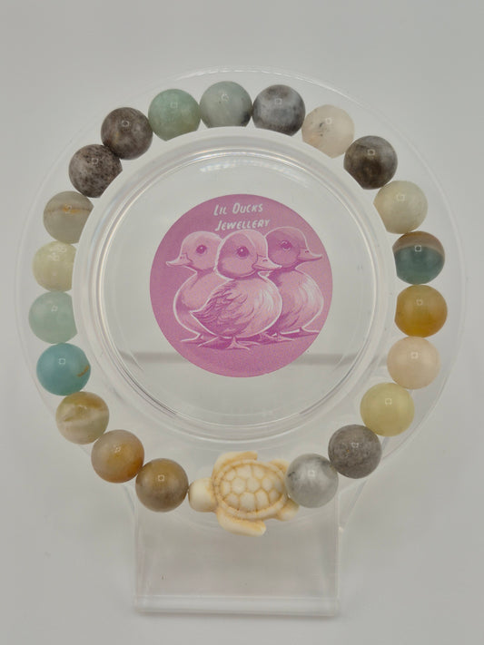 Bracelet, natural Amazonite and Synthetic Turquoise Turtle, Stretch