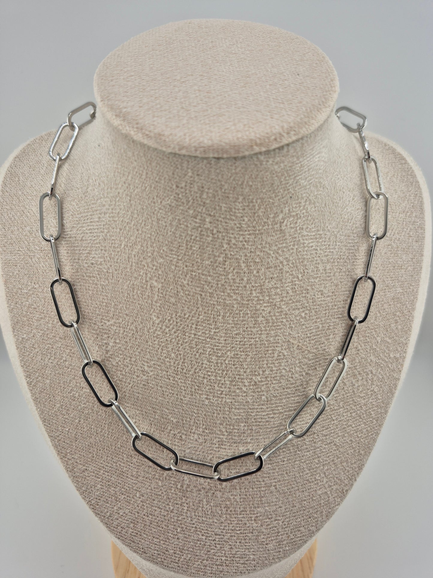 Necklace, Paperclip Chain, Stainless Steel, Platinum Plated, Choker 40cm