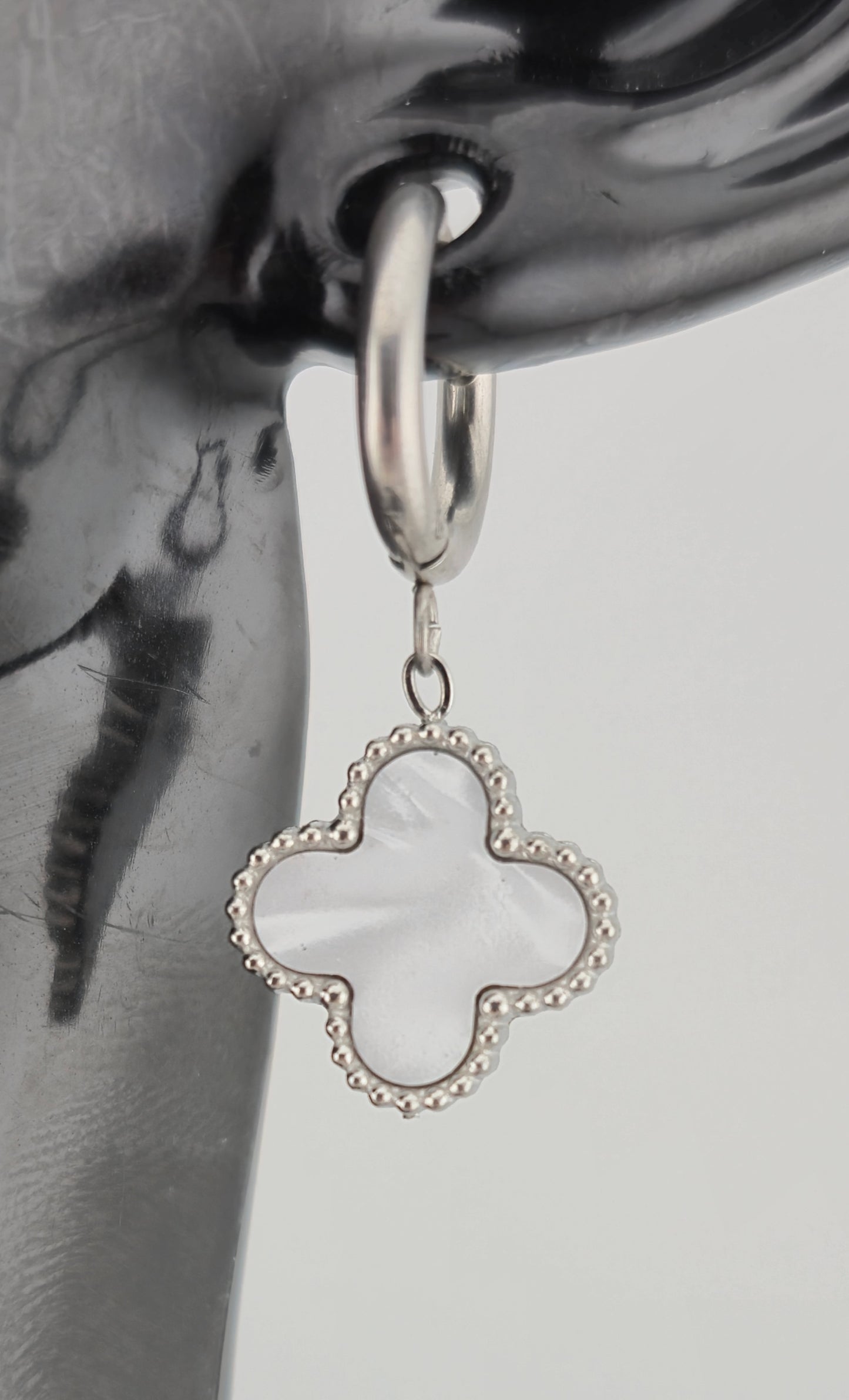 Earrings, Hoop, Clover Design, Onyx and Mother of Pearl (Gold/Silver) (Small/Large)