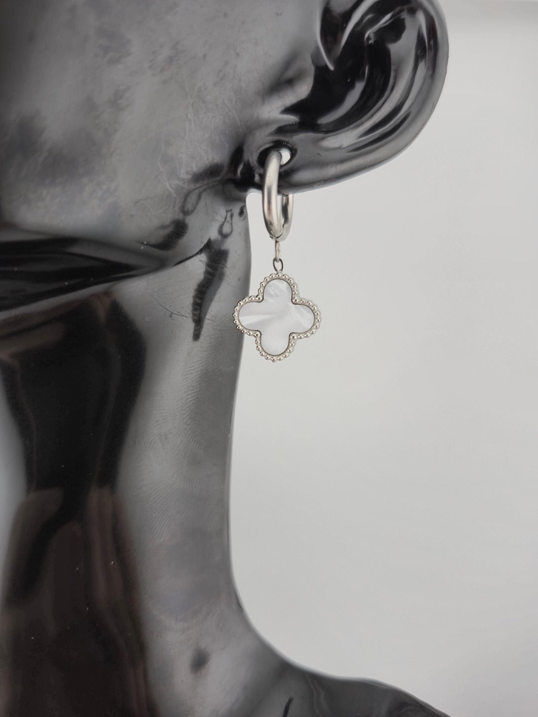 Earrings, Hoop, Clover Design, Onyx and Mother of Pearl (Gold/Silver) (Small/Large)