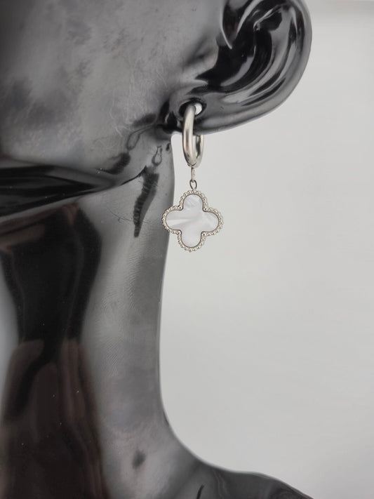 Earrings, Hoop, Clover Design, Onyx and Mother of Pearl (Gold/Silver) (Small/Large)