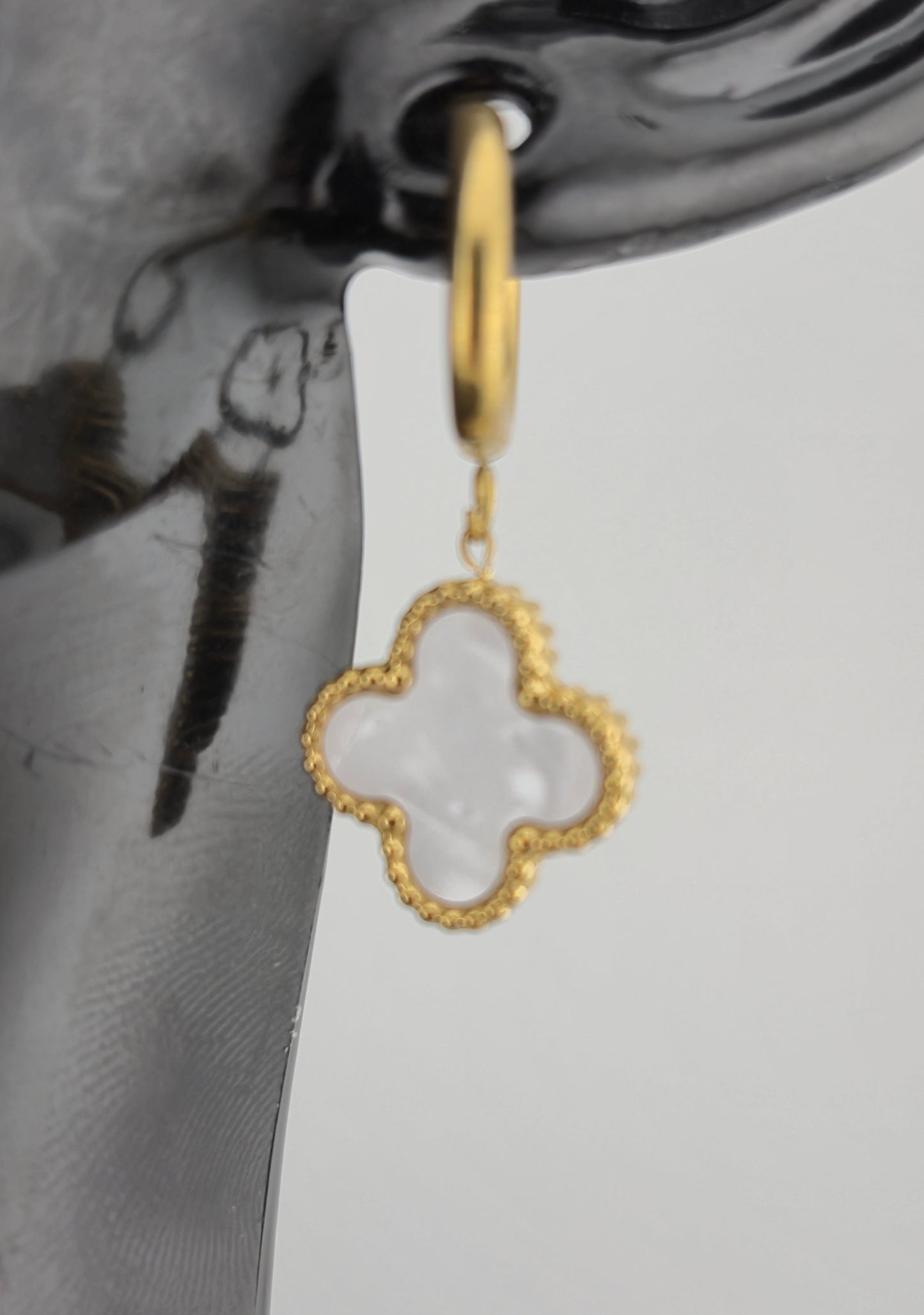 Earrings, Hoop, Clover Design, Onyx and Mother of Pearl (Gold/Silver) (Small/Large)