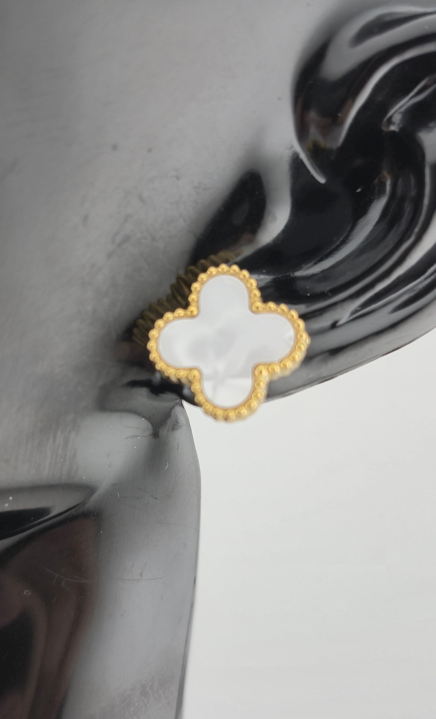 Earrings, Stud, Clover Design, Onyx and Mother of Pearl (Gold/Silver) (Small/Large)