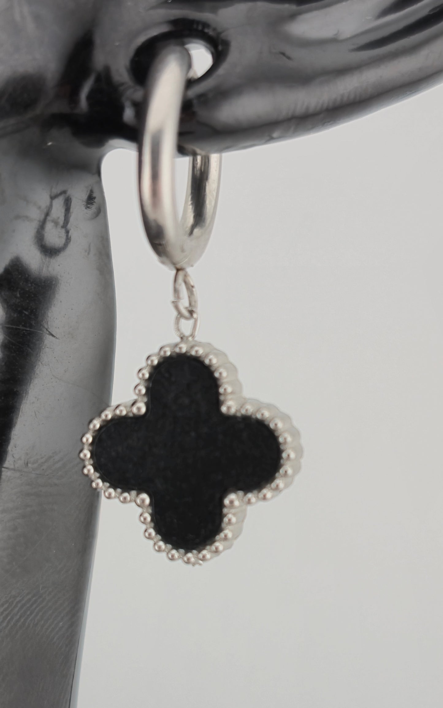 Earrings, Hoop, Clover Design, Onyx and Mother of Pearl (Gold/Silver) (Small/Large)