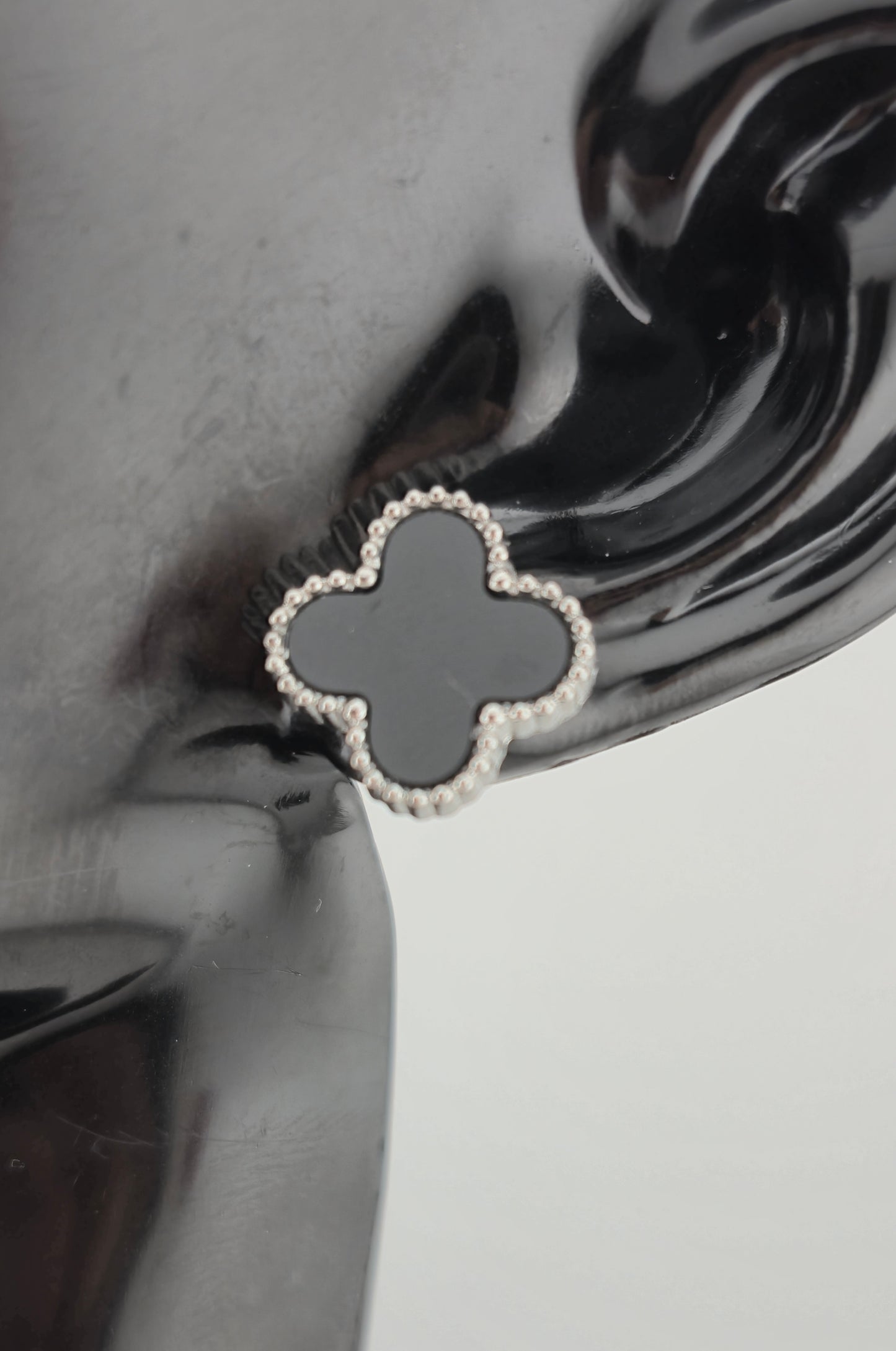 Earrings, Stud, Clover Design, Onyx and Mother of Pearl (Gold/Silver) (Small/Large)