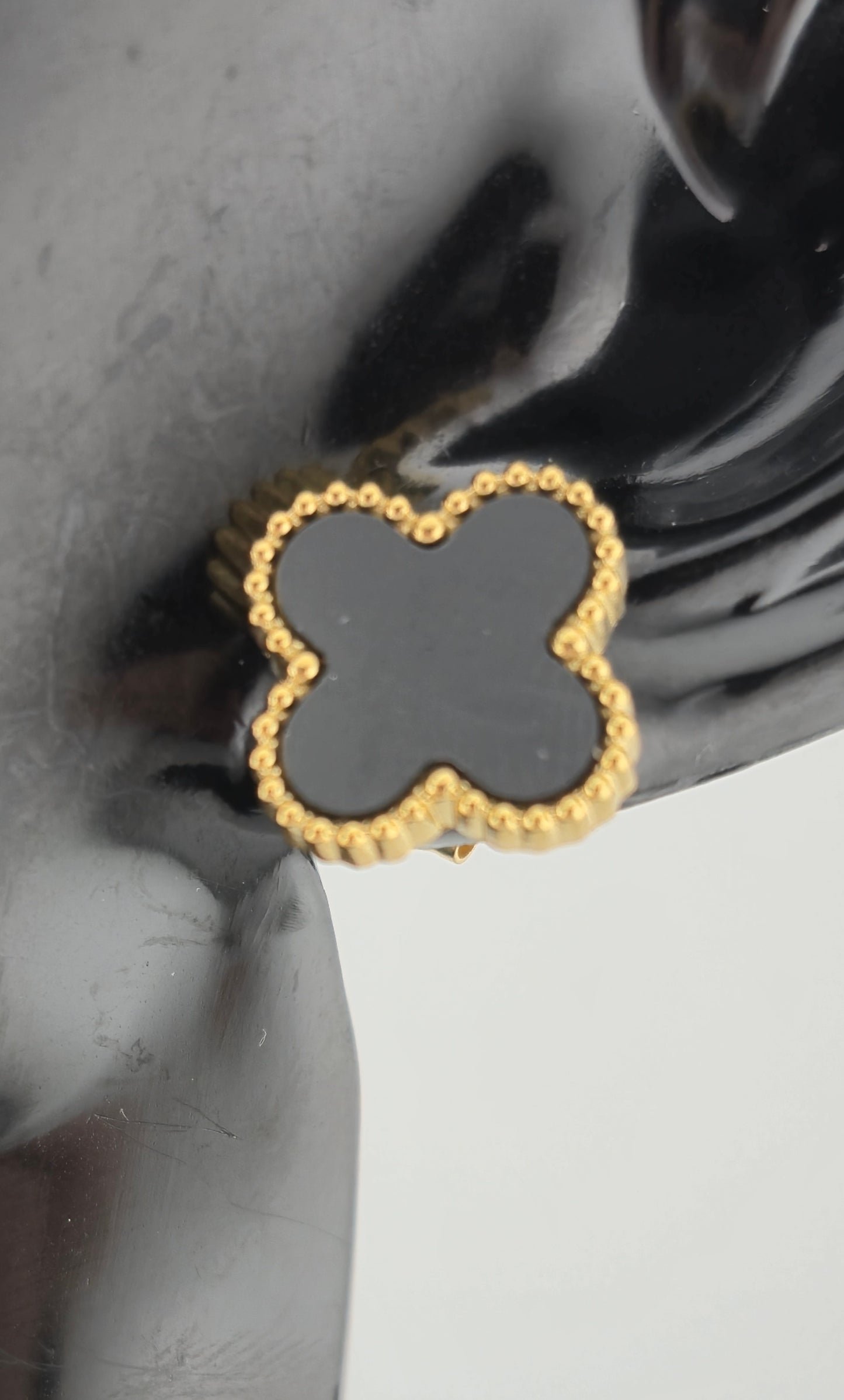 Earrings, Stud, Clover Design, Onyx and Mother of Pearl (Gold/Silver) (Small/Large)