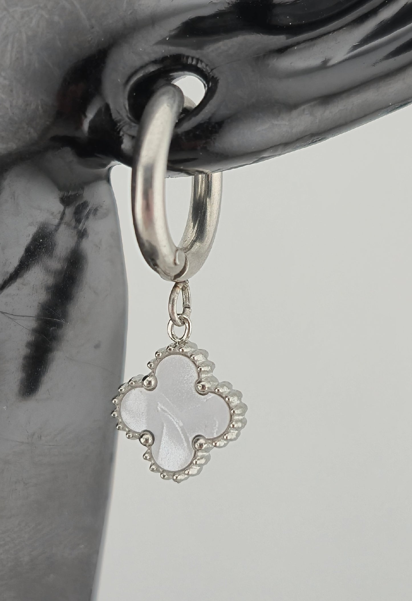 Earrings, Hoop, Clover Design, Onyx and Mother of Pearl (Gold/Silver) (Small/Large)