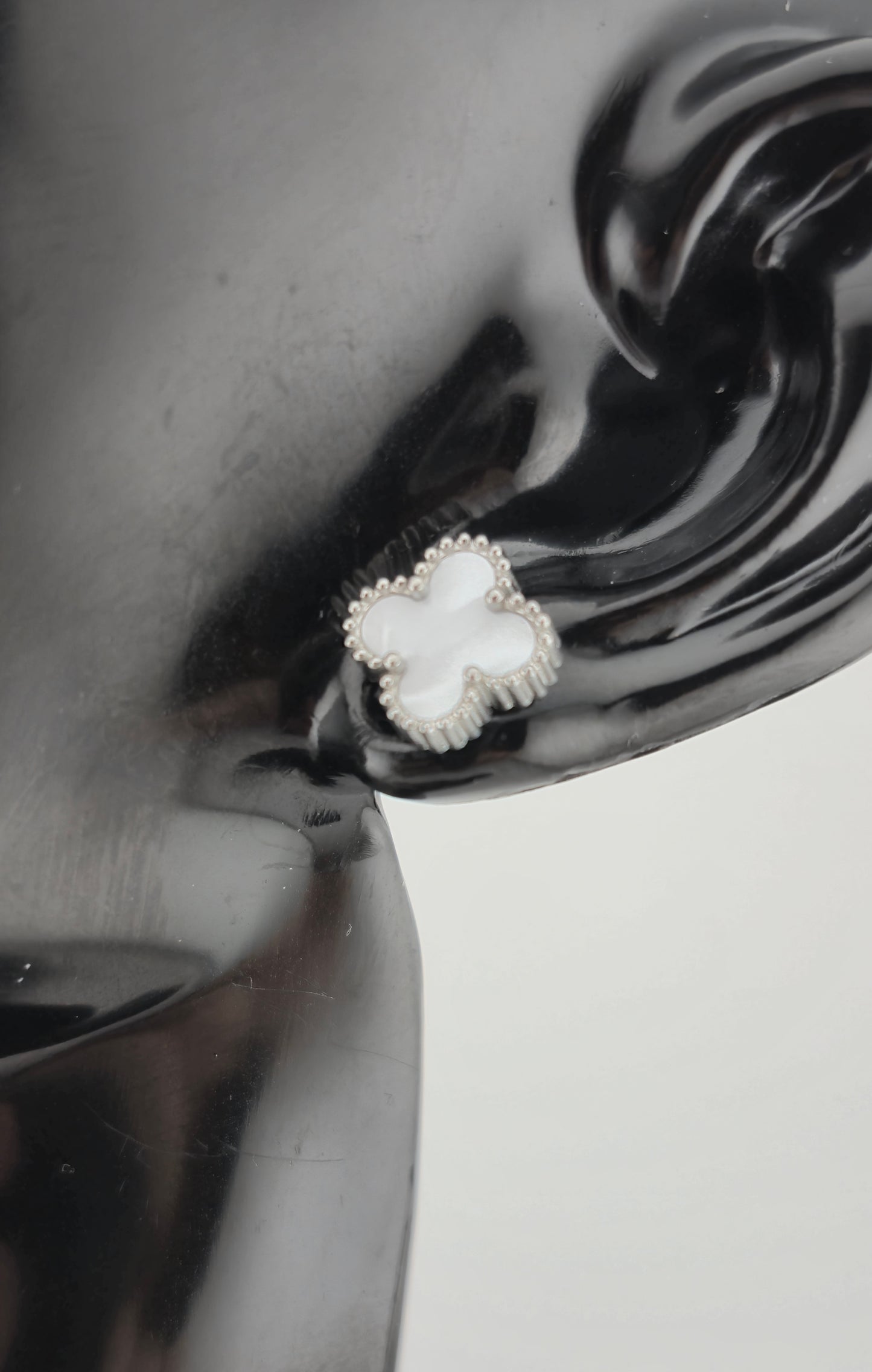 Earrings, Stud, Clover Design, Onyx and Mother of Pearl (Gold/Silver) (Small/Large)