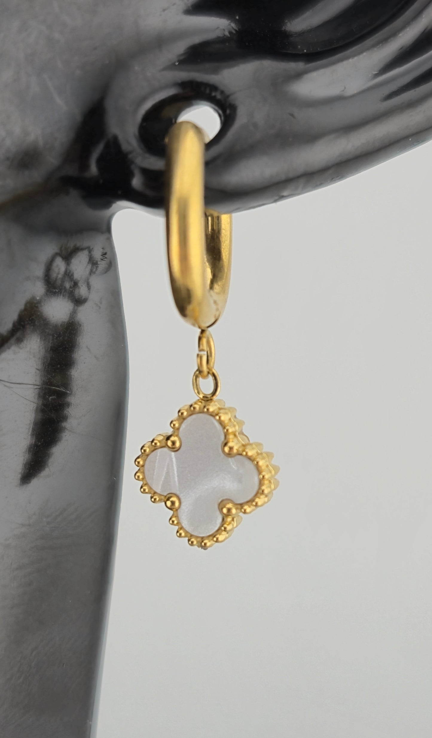 Earrings, Hoop, Clover Design, Onyx and Mother of Pearl (Gold/Silver) (Small/Large)