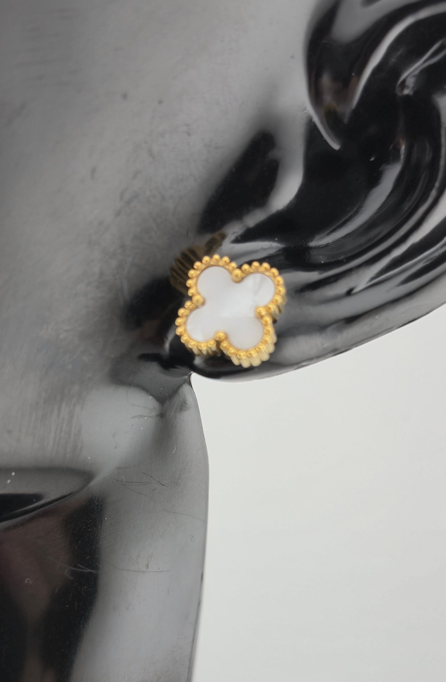 Earrings, Stud, Clover Design, Onyx and Mother of Pearl (Gold/Silver) (Small/Large)