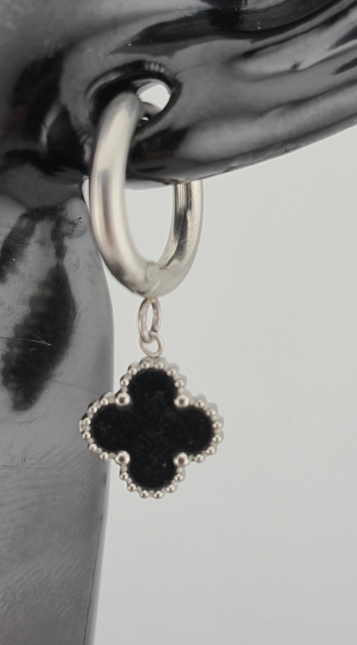 Earrings, Hoop, Clover Design, Onyx and Mother of Pearl (Gold/Silver) (Small/Large)