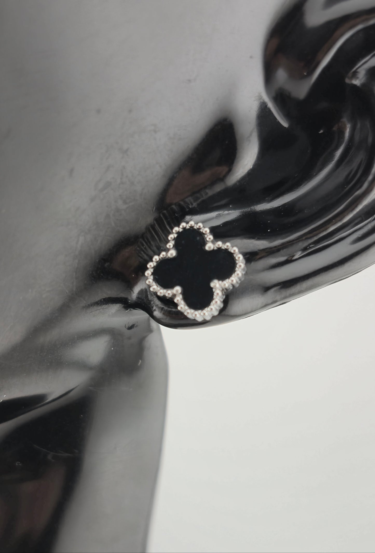 Earrings, Stud, Clover Design, Onyx and Mother of Pearl (Gold/Silver) (Small/Large)