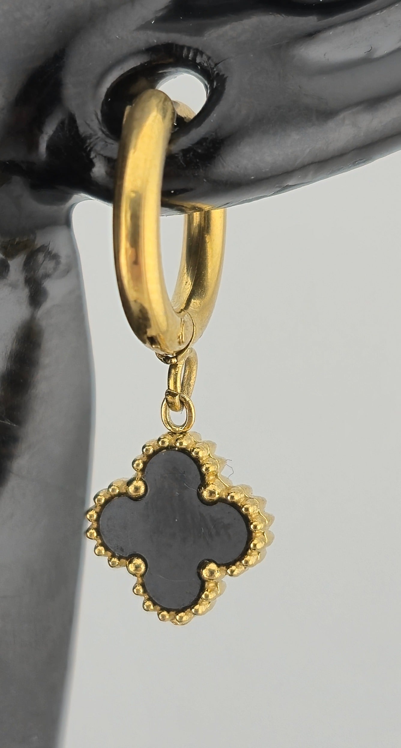 Earrings, Hoop, Clover Design, Onyx and Mother of Pearl (Gold/Silver) (Small/Large)