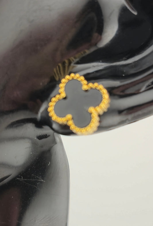 Earrings, Stud, Clover Design, Onyx and Mother of Pearl (Gold/Silver) (Small/Large)