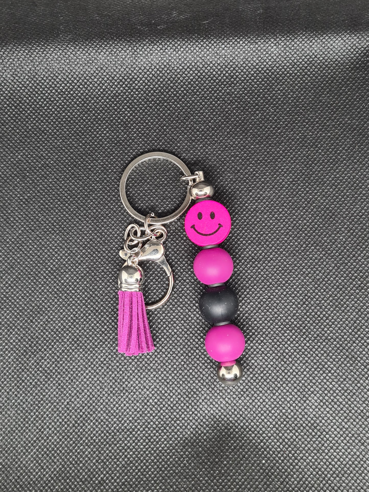 Smiley Face Key Chain, Black/Silver with Tassel