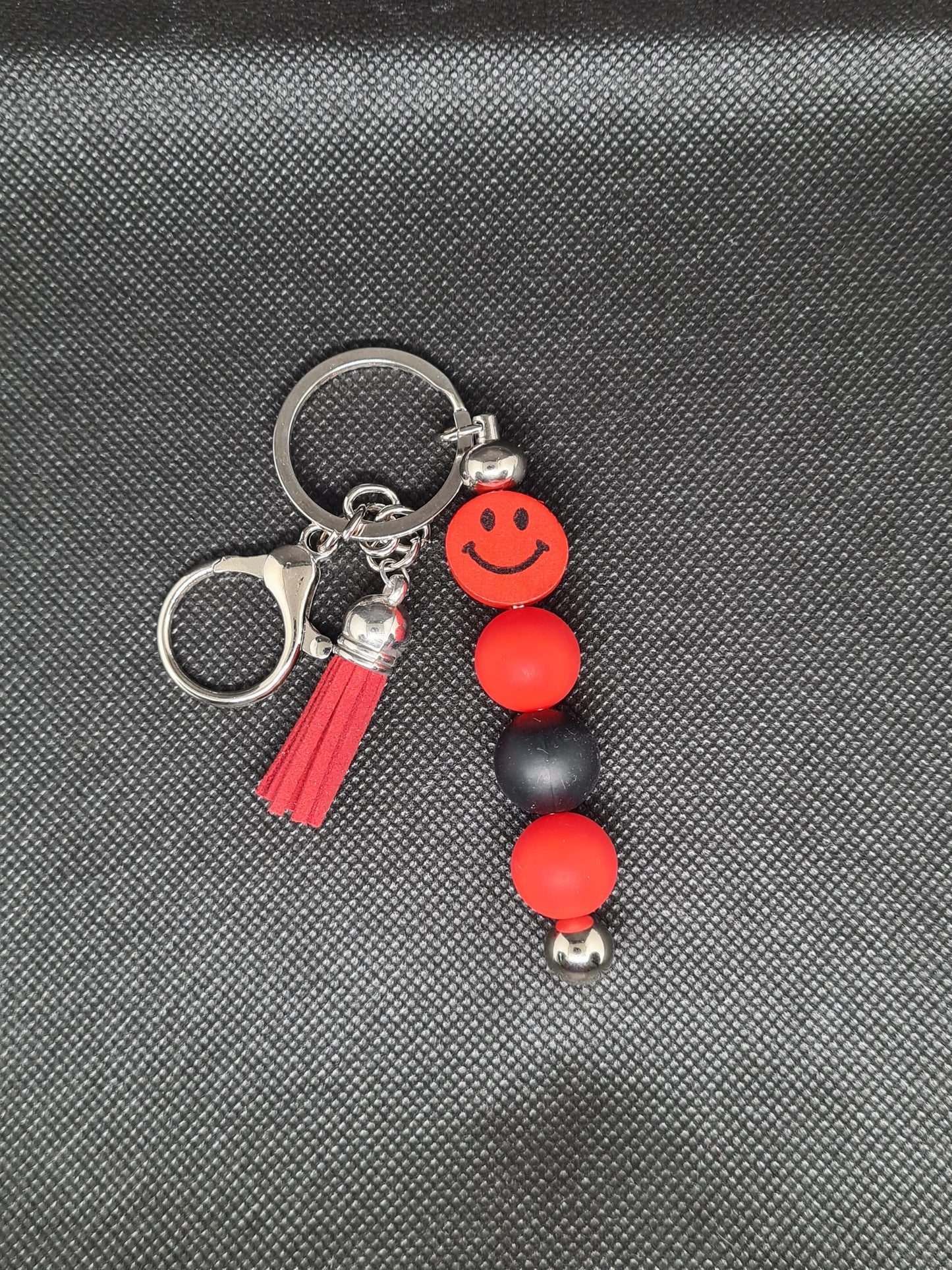 Smiley Face Key Chain, Black/Silver with Tassel
