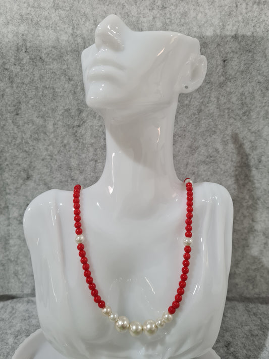 Red Coral & Pearl, Necklace (70cm)