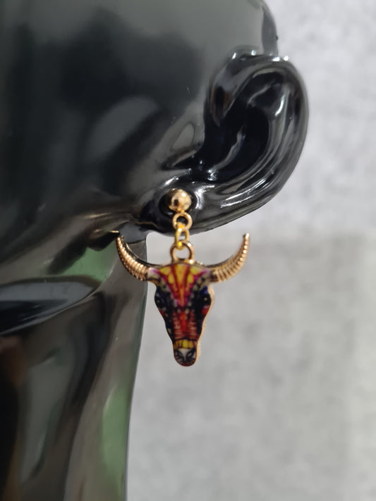 Cattle Skull, Colurful, Enamel/Alloy, Earrings, Gold Stud