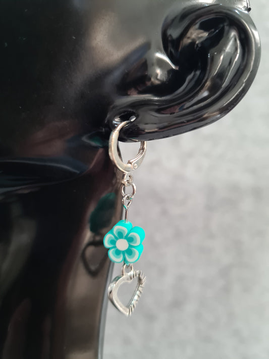 Flower & Heart Silver Earrings (Sleepers)