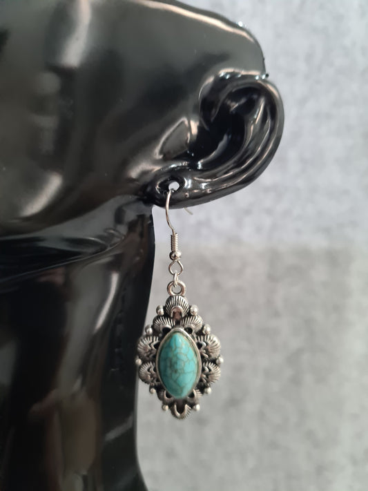 Retro Turquoise Earrings, Silver Shepherd Hook