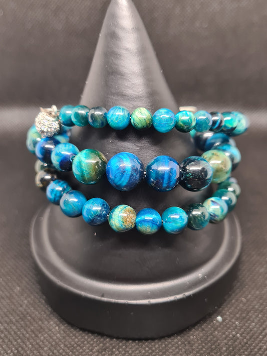 Blue Tiger Eye with Cubic Zirconia, Memory Bracelet