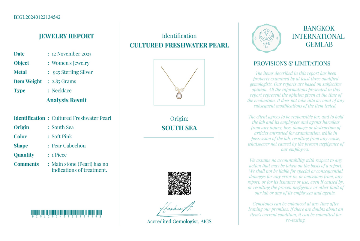Necklace, South Sea Pearl on 925 Sterling Silver - Limited Edition