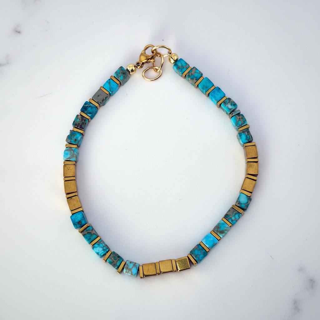 Blue turquoise bracelet flat lay on white marble