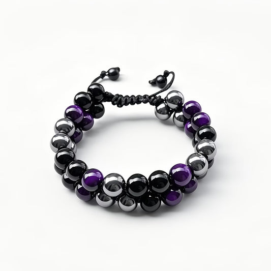 Double Row Tiger Eye Bracelet, Black/Purple/Silver
