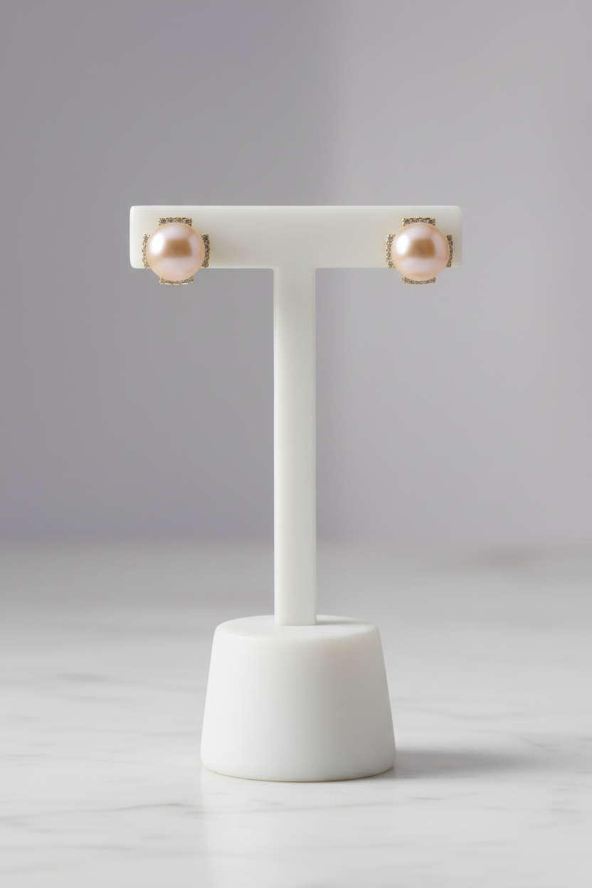 Corrected pearl stud pair with four gemstone clusters