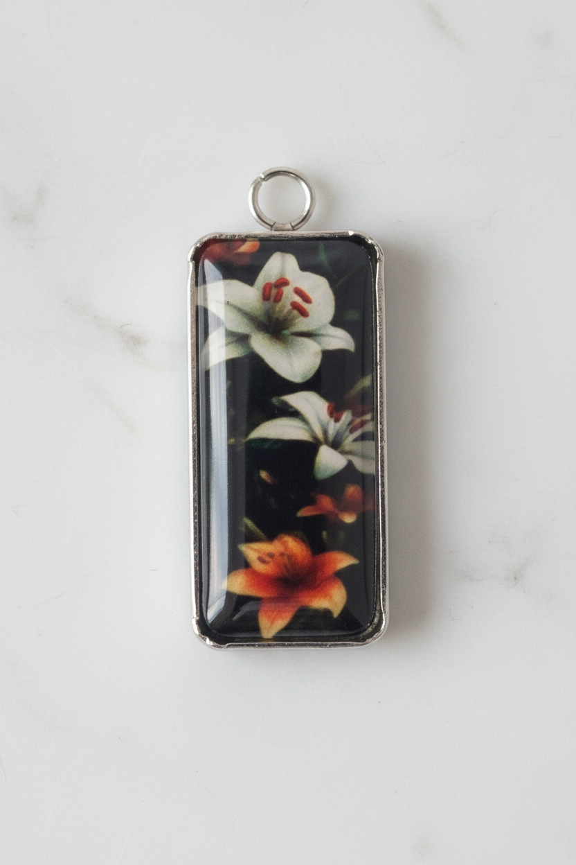 Extreme close-up of dark floral earring pendant