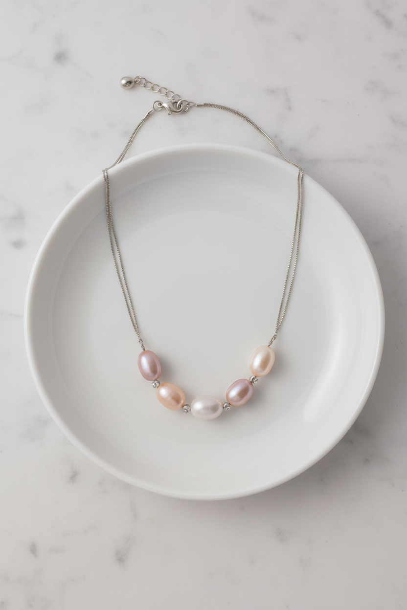 Five-pearl necklace flat lay on white porcelain
