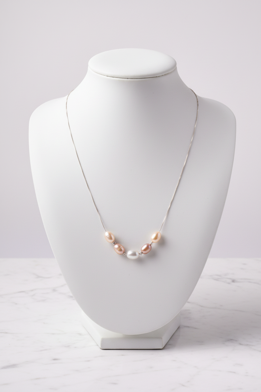 Five-pearl necklace on white porcelain bust