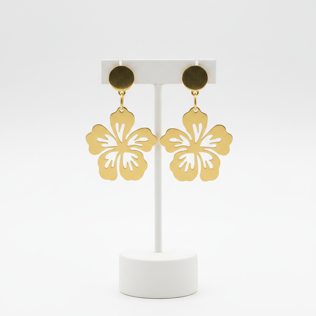 Gold Hibiscus Drop Earrings on Stand