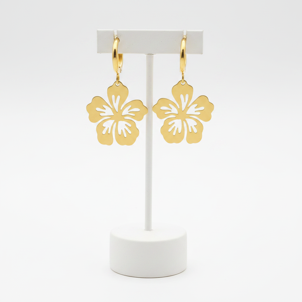 Gold Hibiscus Hoop Earrings on Stand