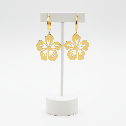 Gold Hibiscus Hoop Earrings on Stand