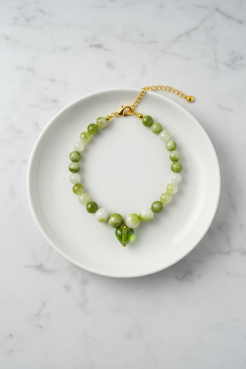 Green heart necklace flat lay