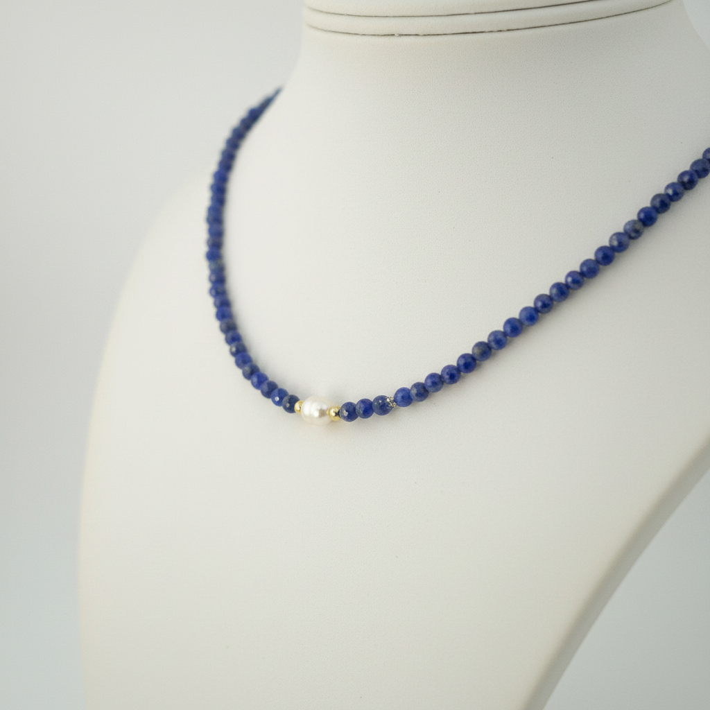 Lapis lazuli necklace close-up bead and pearl detail