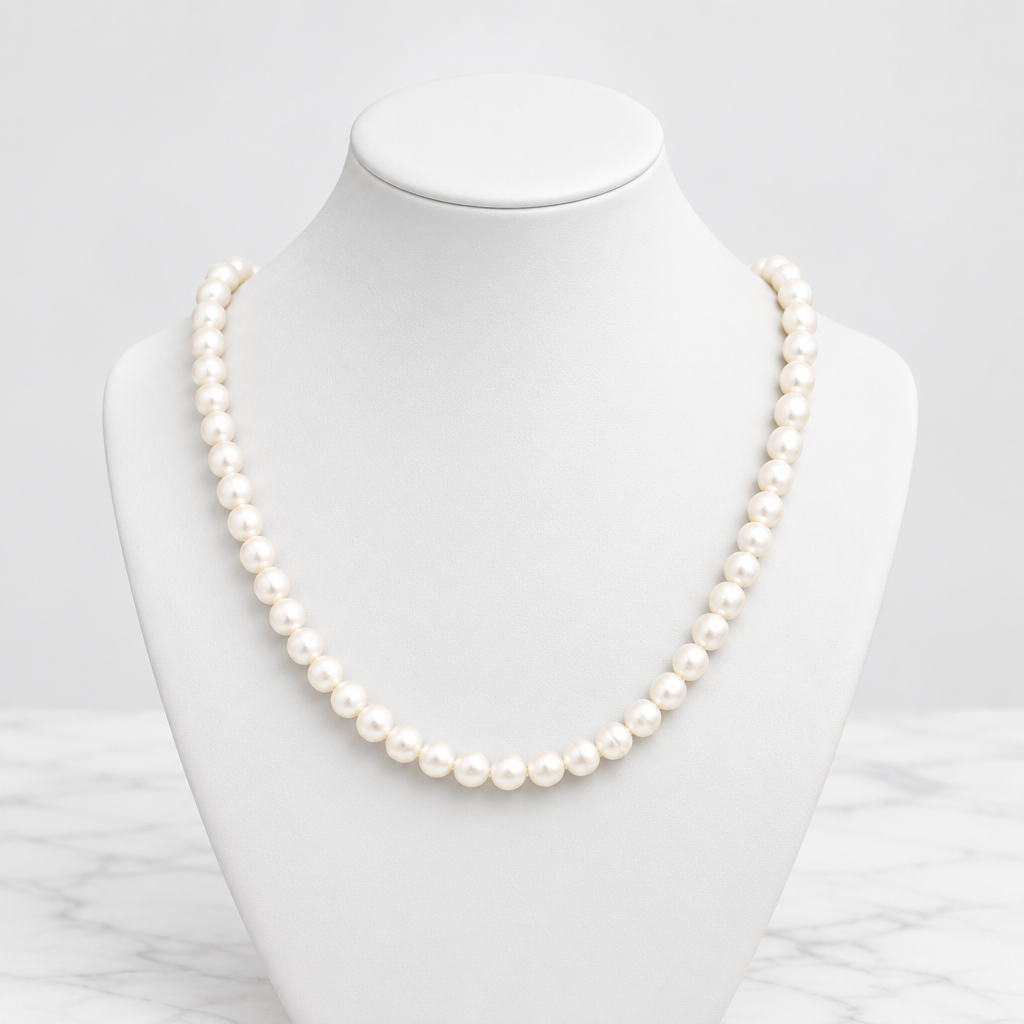 LDJ-0967 freshwater pearl necklace on a white porcelain bust and marble background