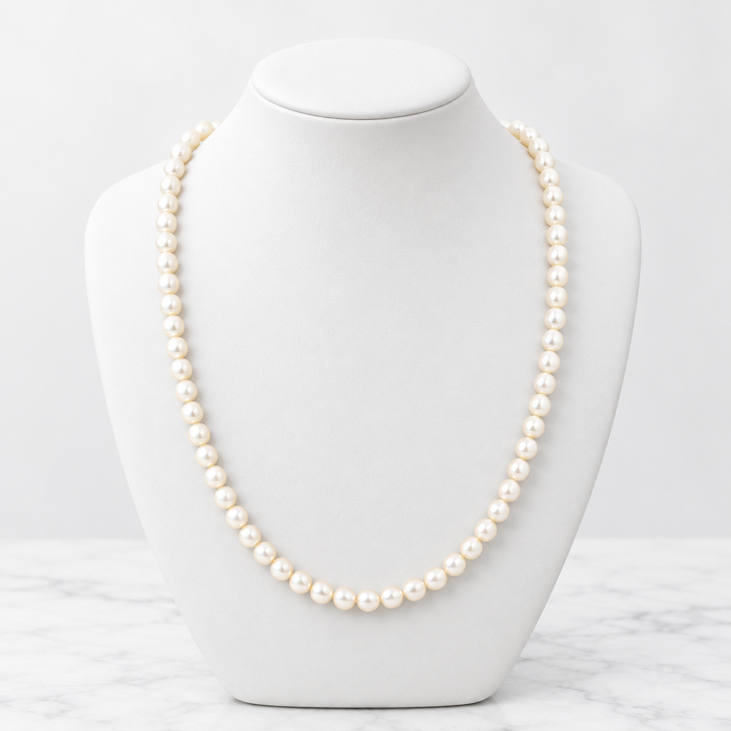 LDJ-0981 oval freshwater pearl necklace on a white porcelain bust and marble background